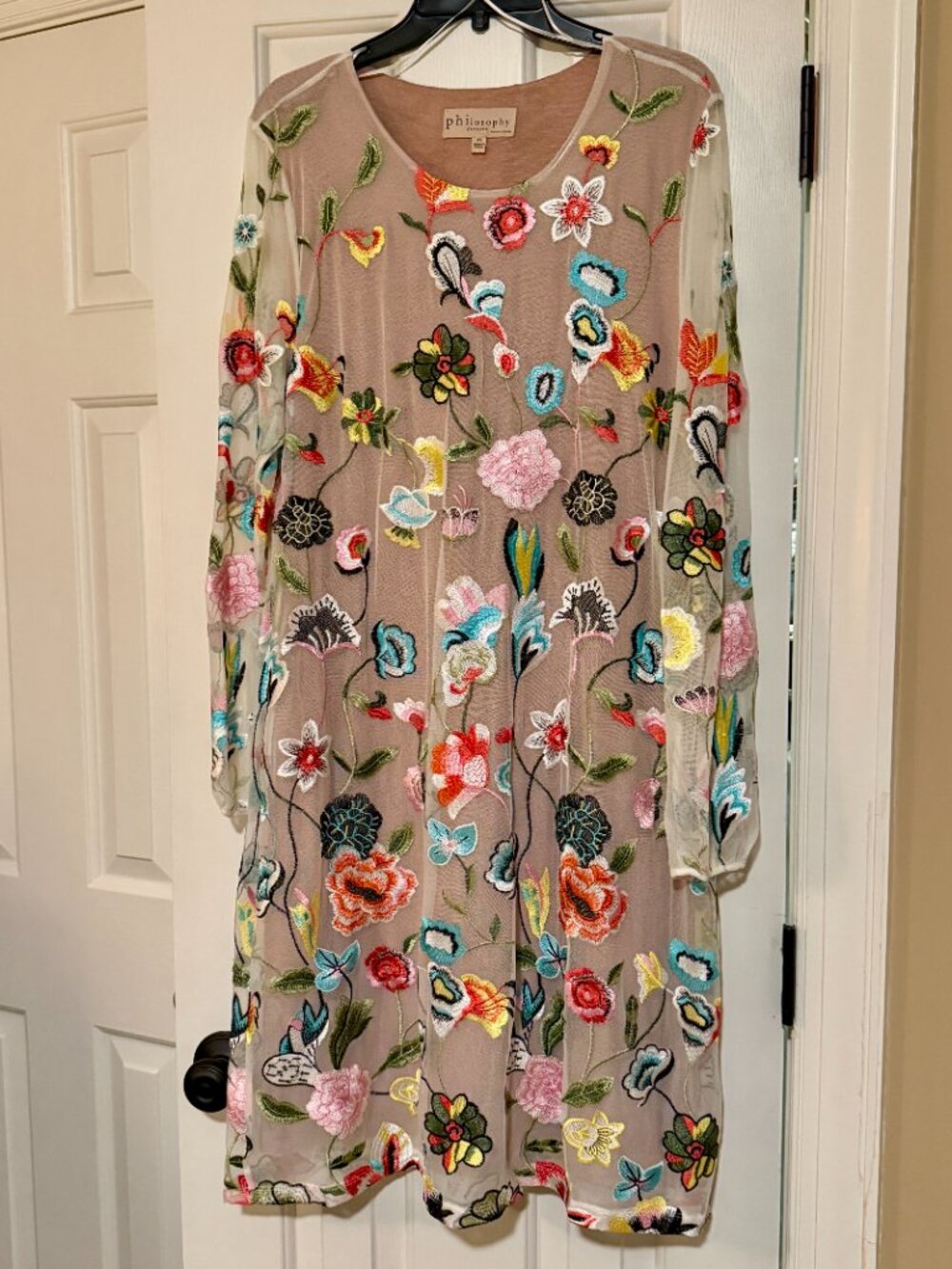 Philosophy Embroidered Appliqued Floral Sheer Long-Sleeve Dress - Size XL